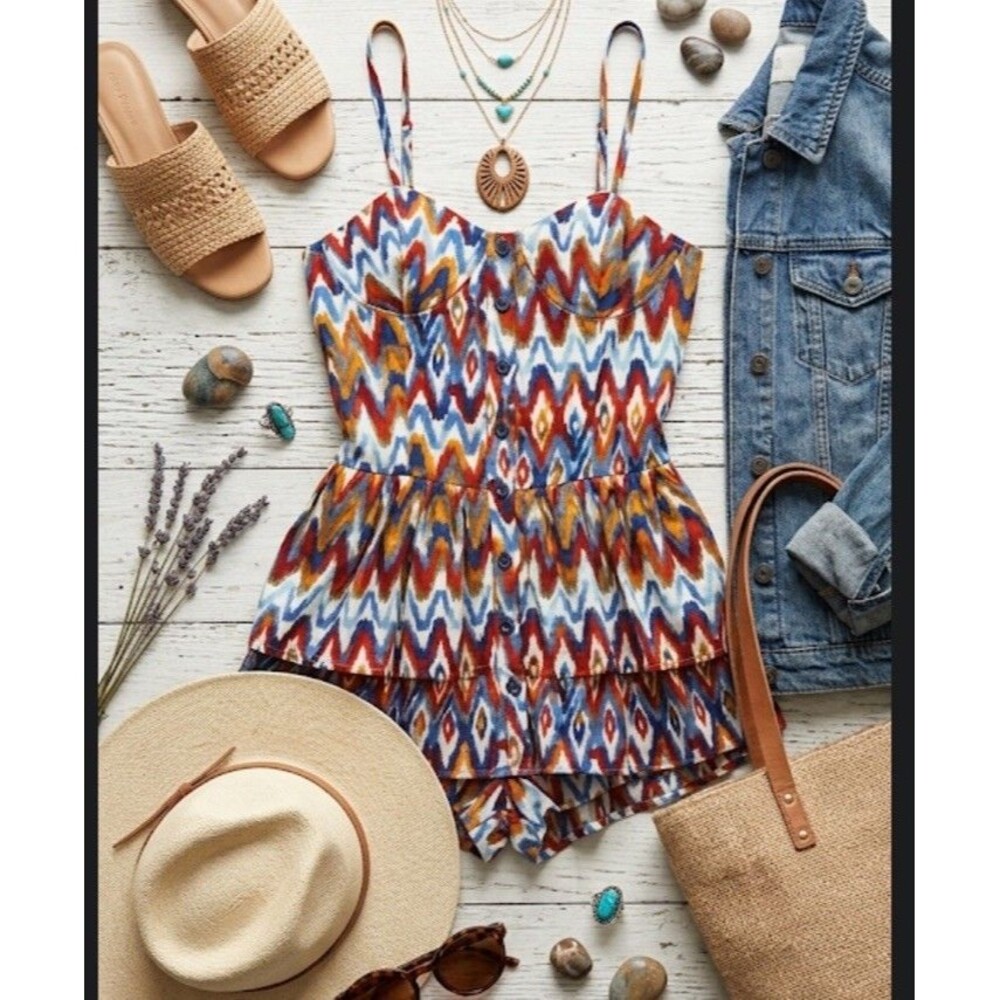 Mimi Chica Romper Womens Small Multicolor Linen Ikat Print Button Front Summer